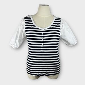 Talbots XL Blue White Stripe Cotton Short Balloon Sleeve Blouse Top Preppy